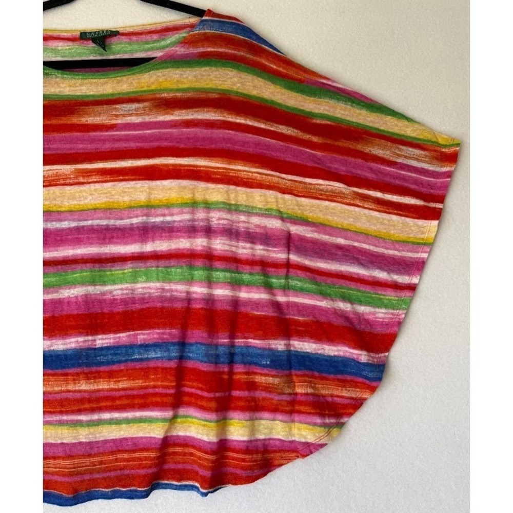 Lauren Ralph Lauren Top Poncho Women L Multicolor 100% Linen Striped Lightweight - Picture 3 of 13